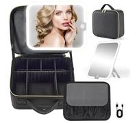 Jadazror Trousse de maquillage avec miroir et lumière - 3 couleurs réglables - Trousse de maquillage avec miroir rechargeable - Séparateurs réglables à 2 couches et miroir grossissant x 10 amovible