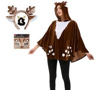 JadeLink Costume de Renne pour Femme Adulte - Carnaval, Noël, Halloween - Taille Unique - Marron - Polyester - À Capuche - Poncho, Serre-Tête, Élastiques à Cheveux, Tatouage du Visage