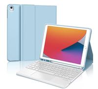 JADEMALL Coque Clavier avec Trackpad pour iPad 10.2" 9eme/8eme/7eme Generation, AZERTY Clavier avec Pavé Tactile Détachable sans Fil Clavier avec Porte-Crayon pour iPad 10.2", Bleu Ciel