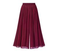 JadeRich Pantalon palazzo élégant plissé longueur mollet jambe large taille élastique en mousseline de soie lâche, rouge vin, XXL