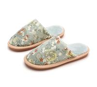 JadeRich Pantoufles brodées de style oriental pour femme avec dessus en satin floral et doublure en peluche, Vert, 37/38 EU