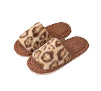 JadeRich Pantoufles plates à bout ouvert pour femme avec imprimé léopard doux en fausse fourrure confortable pour intérieur et extérieur, marron, 37/38 EU