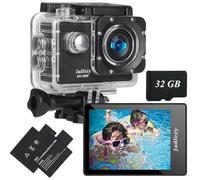 Jadfezy Camera Sport 1080P FHD avec Carte Mémoire 32GB,Etanche 30M Caméra d'action Grand Angle, avec Deux Piles Rechargeables 900 mAh Caméra Sport et kit d'accessoires（Nouveau 2026