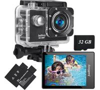 Jadfezy Camera Sport 1080P FHD avec Carte Mémoire 32GB,Etanche 30M Caméra d'action Grand Angle, avec Deux Piles Rechargeables 900 mAh Caméra Sport et kit d'accessoires（Nouveau 2026
