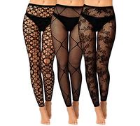 Jadive 3 Collants en Résille sans Pied Noirs Gothiques Leggings en Filet de Taille Haute sans Orteils (Style à Motifs)