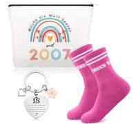 Jadive 3 Pièces Set Cadeau 18e Anniversaire y Compris Trousse de Maquillage pour 2007 pour Femmes Chaussettes Endlich 18 et Porte-Clés Idées Cadeaux pour Fille Sœur Amie Adolescente