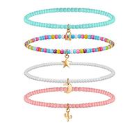 Jadive 4 Pièces Bracelets de Cheville en Perles Superposées Colorées Chaîne Élastique de Pied Boho Bracelet de Pied de Plage Sable Été Bracelet de Cheville Réglable pour Bijoux Femmes et Filles