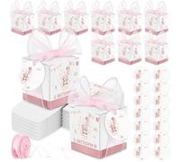 Jadive 50 Boîtes à Dragées pour Baptême - Ensemble de Boîtes avec Étiquettes Nominatives Personnalisables et Ruban Cadeau, Thème Ours en Peluche et Arc-En-Ciel (Rose)