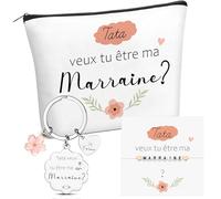 Jadive Coffret Cadeaux Tata Veux Tu Être Ma Marraine Porte-Clés Trousse à Maquillage Tata Bracelet Carte de Vœux Cadeau Marraine Demande pour Noël Baptême Communion Anniversaire