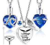 Jadive Lot de 3 colliers urne funéraires en forme de cœur pour cendres - Bijoux pour femme - Collier d'été en cristal - Étanche - Pendentif commémoratif en acier inoxydable - Avec aile d'ange - Kit de