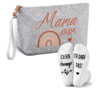 Jadive Set 2 Cadeaux pour Future Maman Trousse à Maquillage Mama Kram en Feutre avec Fermeture Éclair Chaussettes Antidérapantes de Grossesse pour Nouvelle Maman Annoncer Grossesse(Arc-en-Ciel, Blanc)