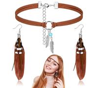 Jadive Set de Boucles d'Oreilles Plumes et Perles Bijoux Indiens Tour de Cou en Cuir Steampunk Bohème pour Femmes(Brun)