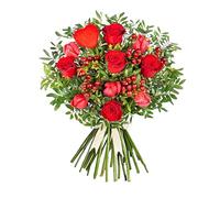 J'adore - Fleurs fraîches - Roses rouges, tulipes éclatantes et baies rouges sur fond de verdure luxuriante - Fleurs de Saint-Valentin - Cadeaux pour elle - Bouquet de Saint-Valentin