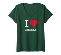 J'adore Les Requins, J'adore Les Requins T-Shirt avec Col en V, Femme, Vert Forêt, XXL