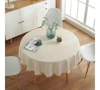 JaeMoose Nappe Lavable en Coton et Lin avec Pompons - Résistante à la poussière - pour Cuisine, Salle à Manger, décoration d'intérieur, Usage Quotidien (Lin, 150 cm (Ronde))
