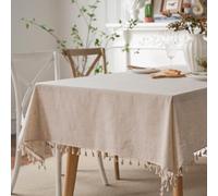JaeMoose Nappe Lavable en Coton et Lin avec Pompons - Résistante à la poussière - pour Cuisine, Salle à Manger, décoration d'intérieur, Usage Quotidien (Lin, 140 x 220 cm)
