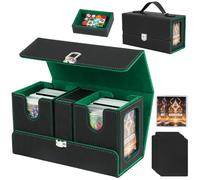 Jaffzora Deck Box MTG/TCG 3-en-1 - Boîte de Rangement Cartes 200+ Double Sleeves, 2 Deck Box avec Plateau à Dés et Fenêtre Commandant, Porte Cartes à Collectionner en Cuir PU Magnétique, noir et vert
