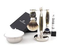 Jag Shaving Kit de rasage 3 pièces - Gamme Jag's Lee - Rasoir à 5 lames - Blaireau argenté - Support élégant - Imitation corne verte