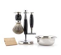 Jag Shaving Kit de rasage pour homme avec rasoir de sécurité à double tranchant avec pochette en cuir, blaireau de rasage en poils de blaireau, support et bol