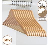 Jago® Cintres en Bois - Lot de 30, Crochet Pivotant à 360°, Barre Antiglisse - Cintres pour Pantalons, Jupes, Vestes, Chemises
