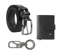 JAGUAR Coffret cadeau pour homme, porte-cartes en cuir, ceinture 125 cm, porte-clés métal, noir