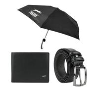 JAGUAR Coffret cadeau Premium, portefeuille en cuir, ceinture homme 125 cm, parapluie compact, noir