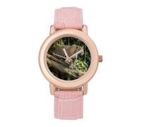 Jaguar Montre tendance à quartz analogique avec motif chat sur un tronc d'arbre et bracelet en cuir pour femme avec joli cadran rose minimaliste élégante et délicate pour fête, usage quotidien et