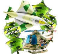 JAHEMU Ballon de Camouflage Avion Ballons Gonflable Hélicoptère Militaire Décoration d'Anniversaire pour Garçon Foil Ballon Étoile Camouflé Rond d'Anniversaire Aluminium Ballons Avion Jouet 6 Pièces