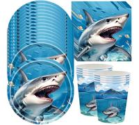 JAHEMU Vaisselle de Fête Requin Anniversaire Décoration Requin Vaisselle Fournitures de Fête de Animaux Marins Vaisselle Jetable Set Anniversaire Assiettes Gobelets Serviettes 24 Invités