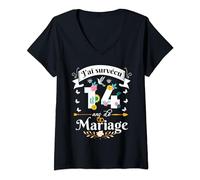 J'ai Survécu 14 Ans de Mariage Cadeau Anniversaire Femme T-Shirt avec Col en V
