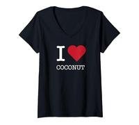 J'aime la Noix de Coco, J'aime la Noix de Coco T-Shirt avec Col en V, Femme, Noir, L