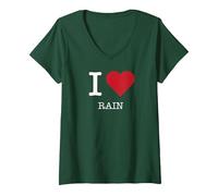 J'aime la Pluie, J'aime la Pluie T-Shirt avec Col en V, Femme, Vert Forêt, L