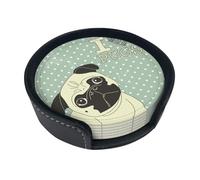 J'aime Les carlins,Lot de 6 Dessous de Verre Ronds en Cuir synthétique avec Support pour la Maison, Le Bureau et la Cuisine