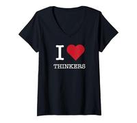 J'aime Les penseurs, J'aime Les penseurs T-Shirt avec Col en V, Femme, Noir, L