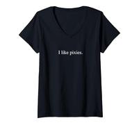 J'aime Les Pixies T-Shirt avec Col en V, Femme, Noir, S