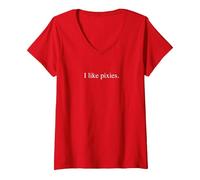 J'aime Les Pixies T-Shirt avec Col en V, Femme, Rouge, XXL