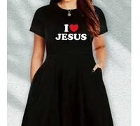 J'aime l'impression JÉSUS, robe courte noire grande taille décontractée, vêtements pour femmes élégants d'automne et d'hiver 1XL,2XL,3XL,4XL,5XLCœur,SloganTissu tricoté