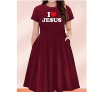 J'aime l'impression JÉSUS, robe courte noire grande taille décontractée, vêtements pour femmes grande taille élégants pour l'automne et l'hiver 1XL,2XL,3XL,4XL,5XLCœur,SloganTissu tricoté