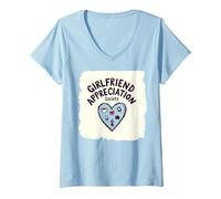 J'aime ma Copine - Appreciation Society T-Shirt avec Col en V, Femme, Bleu Céleste, L