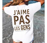 "J'AIME PAS LES GENS" Imprimé léopard avec graphique de lettres, T-shirt ample pour femmes, Top d'été, Série K-Pop Warrior, Top en pur coton, Vêtements pour femmes, Vêtements d'été pour femmes, Tricot