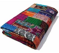 JaipurHandloom Couvre-lit patchwork en soie Kantha indien pour lit king size Bohème indien ethnique en coton réversible Motif tapisserie 274 x 225 cm