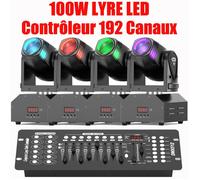 JAJALUYA 100W Lumière de Scène - Pack DE 4 Lyre LED RGBW DMX Gobo Beam - Jeux de Lumiere DJ Avec Console 192 Canaux