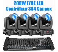 JAJALUYA 200W DJ Lyre LED - 18 Prisme Gobos Beam DMX Jeux de Lumiere - Lumière de Scène Pack De 4 Avec Console 384 Canaux