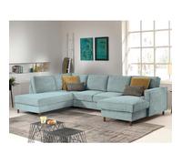 Jake - canapé panoramique d'angle gauche - convertible avec coffre - 7 places - en velours côtelé - Bleu Bleu