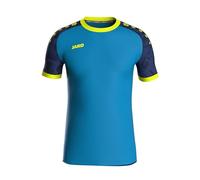 JAKO Maillot Iconic – manches courtes, polyester recyclé, évacue l'humidité, Bleu/Marine/Jaune Fluo L