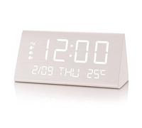 JALL Réveil numérique avec affichage électronique de l'heure LED en bois, 3 réglages d'alarme, mode semaine/week-end, détection de température, horloges électriques en bois pour bureau, chambre,