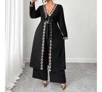 Jamais à court de style : gothique prep avec une touche de Wednesday. Embrassez votre côté sombre et féminin. 2 pièces/Set T-shirt à manches longues et col V pour femmes avec bordure dorée et nœud vol