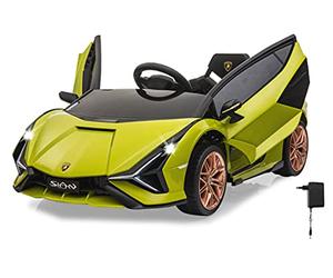 JAMARA 460638 Ride-on Lamborghini Sián FKP 37 12 V à partir de 3 ans Démarrage progressif 2 vitesses Bluetooth LED son moteur Puissant moteur/batterie 4,5 Ah Indicateur de tension de la batterie Portes battantes Vert