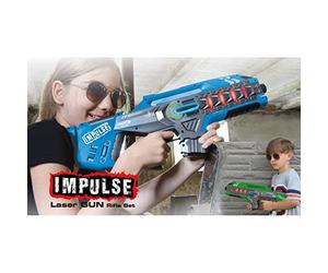 Jamara Impulse Gun 410084 Jeu de Fusil Bleu/Vert avec 3 Joueurs de Modes de Bataille par équipe, dernier Homme Debout, Duel, 4 Armes simulées avec Effets sonores, portée jusqu'à 40 m