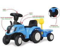 Tracteur New Holland T7 - À partir de 12 Mois - Hauteur d'assise : 270 mm - Protection Anti-basculement - Aspect fidèle à l'original - Remorque avec Pelle et râteau - Lumière LED